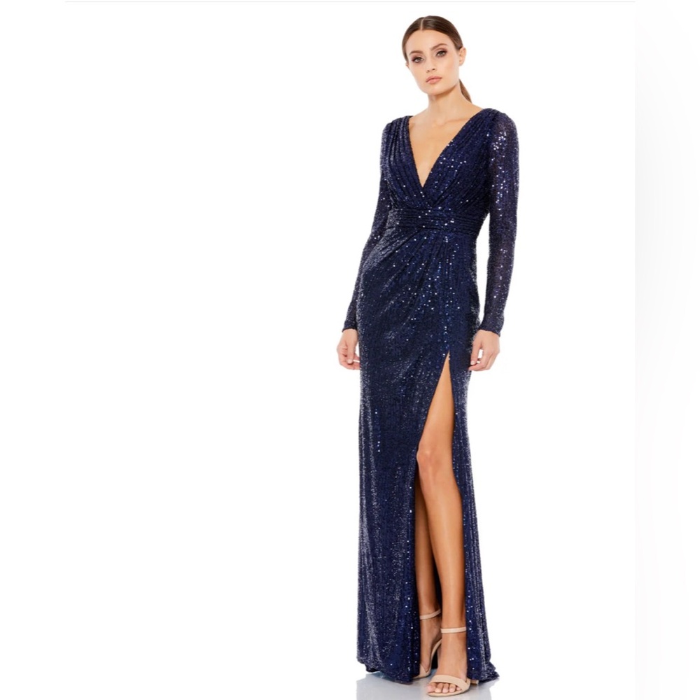Mac Duggal 26490 Midnight Blue Sequined Long Sleeve Gown Size 18 NWT